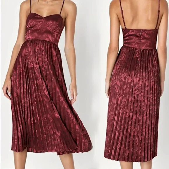 Lulus Chic Sensibility Burgundy Satin Jacquard Pleated Midi Dress Size XL New - Picture 4 of 12